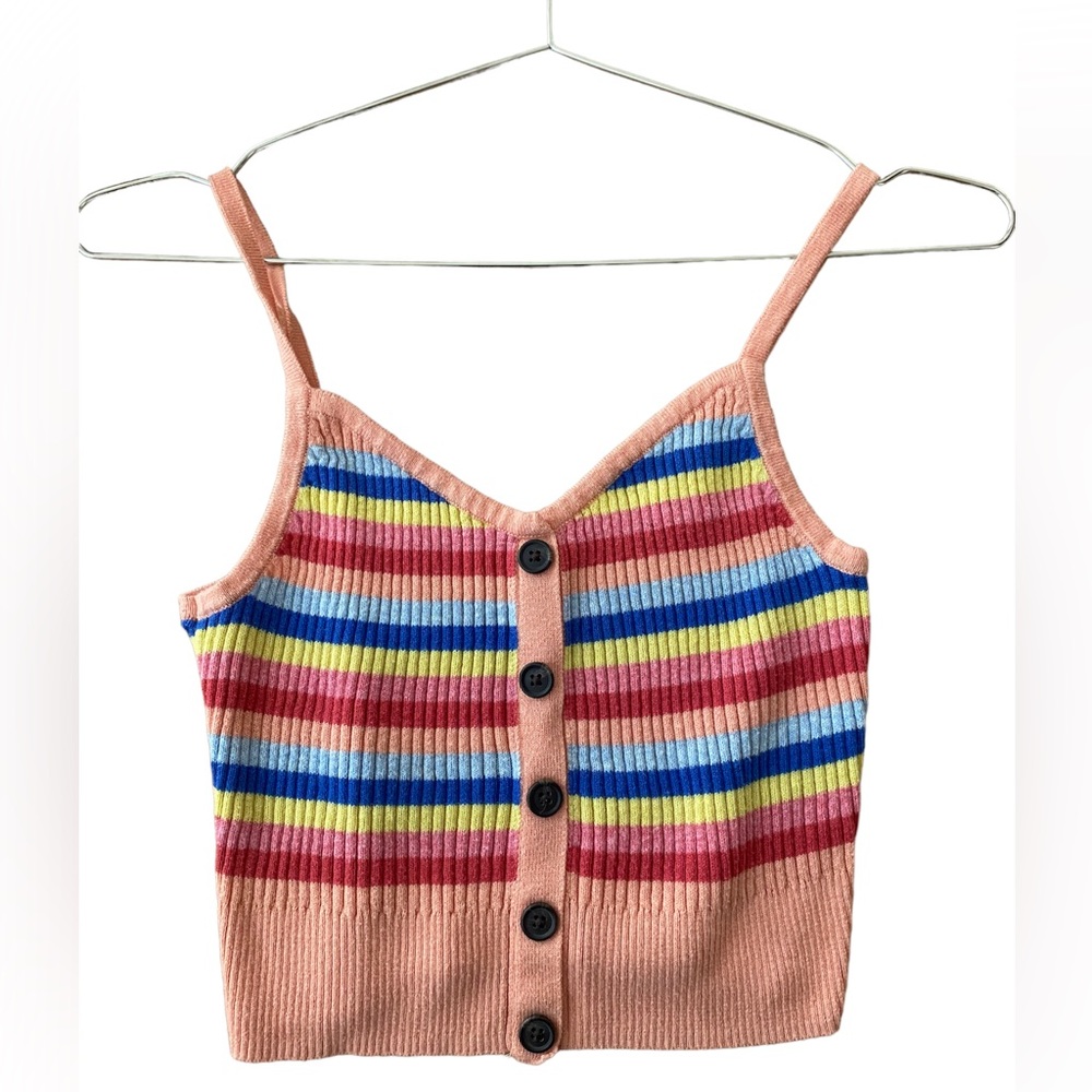 American Eagle Outfitters Pink Striped Ribbed Button-Front Tank Top